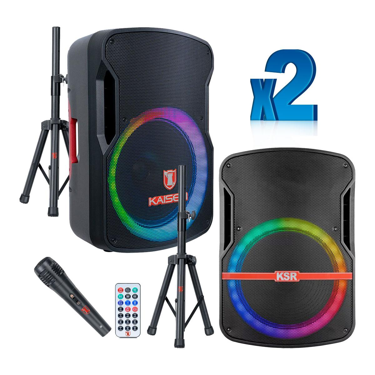 Creditienda - Combo: 2x Bafle Profesional Recargable 15” 30,000 W PMPO con Tripié y Micrófono Alámbrico Kaiser®